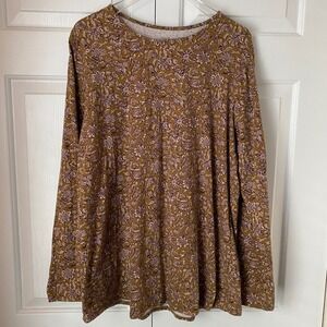 J. Jill Womens Pure Jill Long Sleeve Shirttail Tee Floral Print Brown Purple L